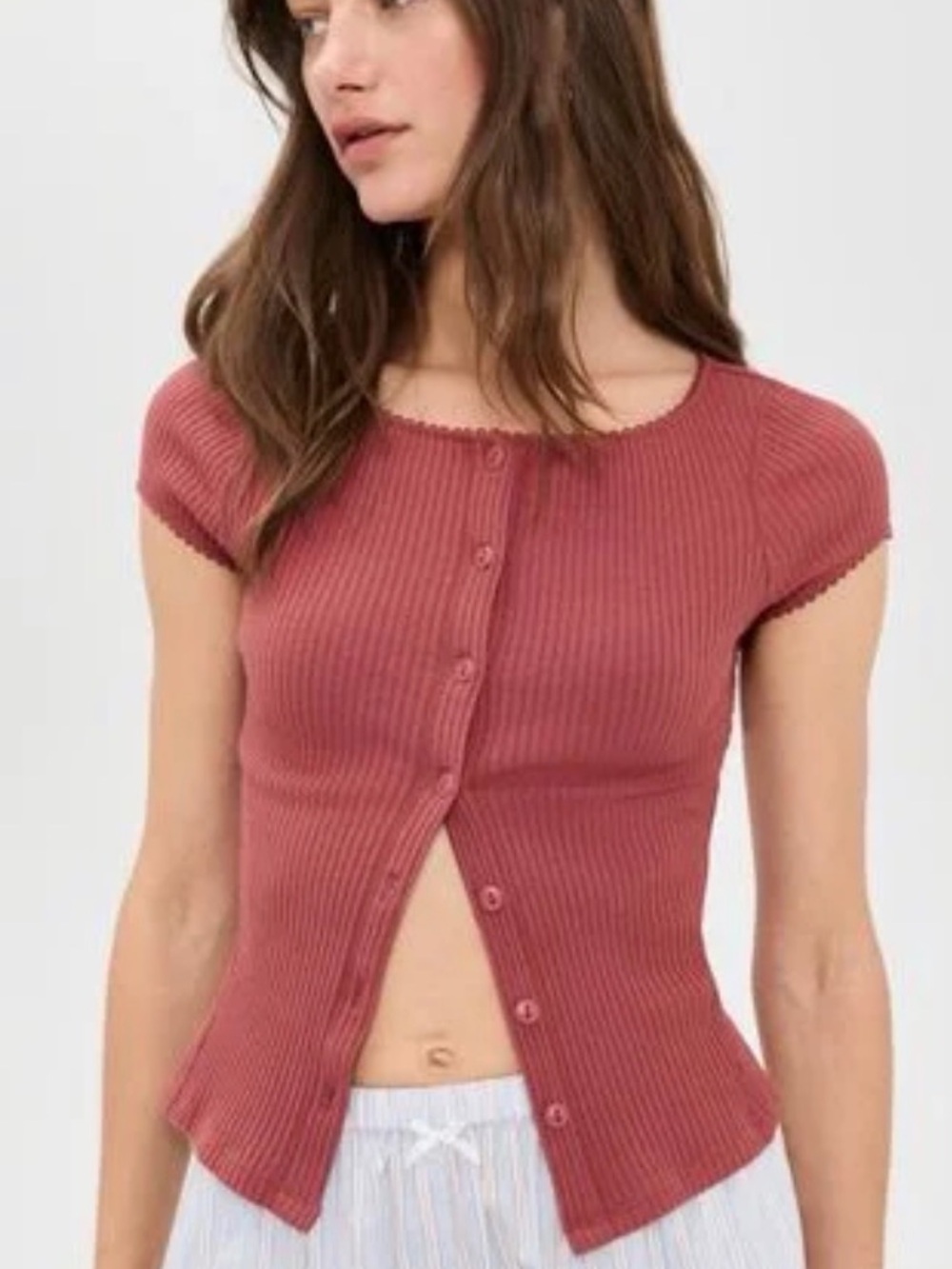 🌹 Free People Most Wanted Cardi Ribbed Button Front Top Dusty Rose